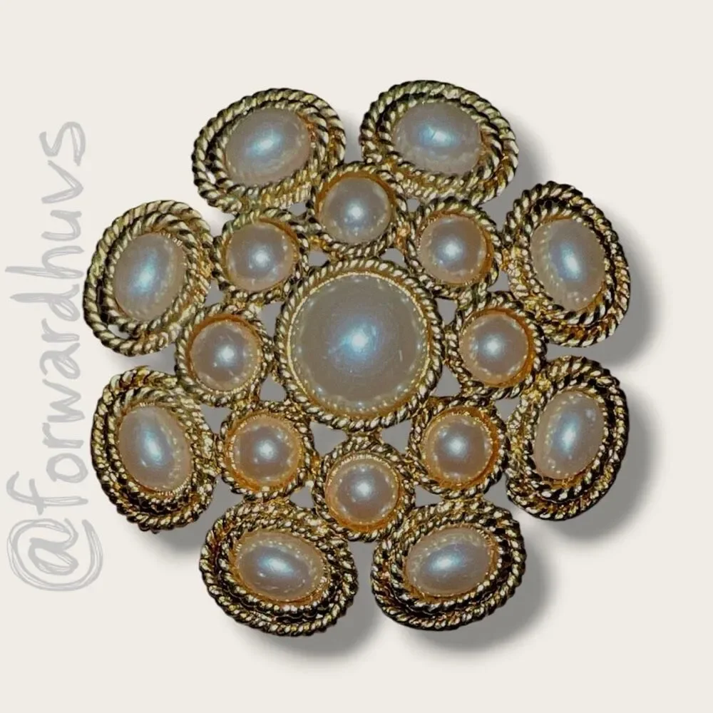 Vintage Gold Tone Faux Pearl Floral Filigree Brooch Pin